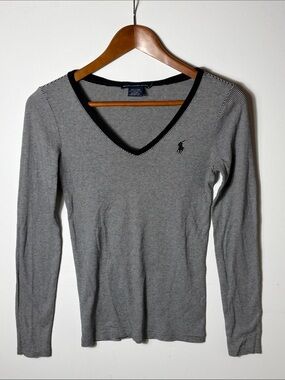 Ralph Lauren Sport Striped V Neck Long Sleeve Top Pima Cotton Small”